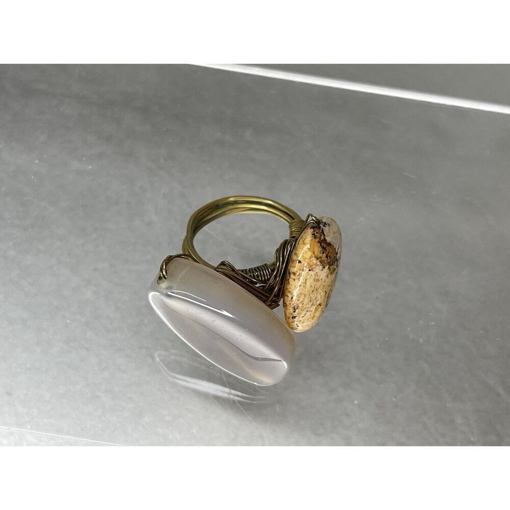 Double Stone Gold Wire Wrapped Ring Handmade Art Size 6.5 Grey Brown